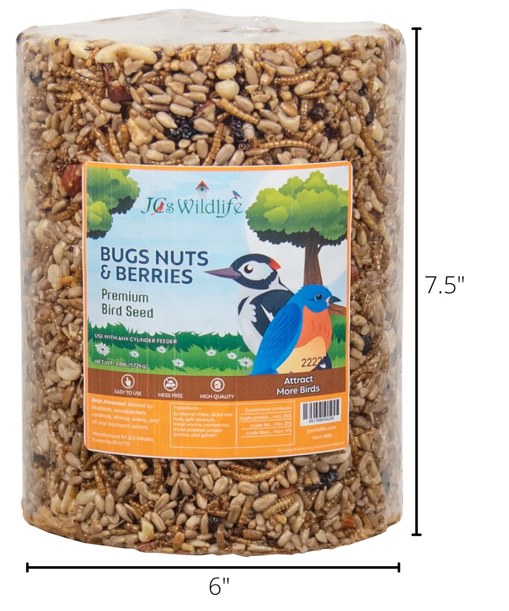 JCS Wildlife Bugs Nuts and Berries Premium Bird Seed Large Cylinder, 3.8 lb - JCS Wildlife