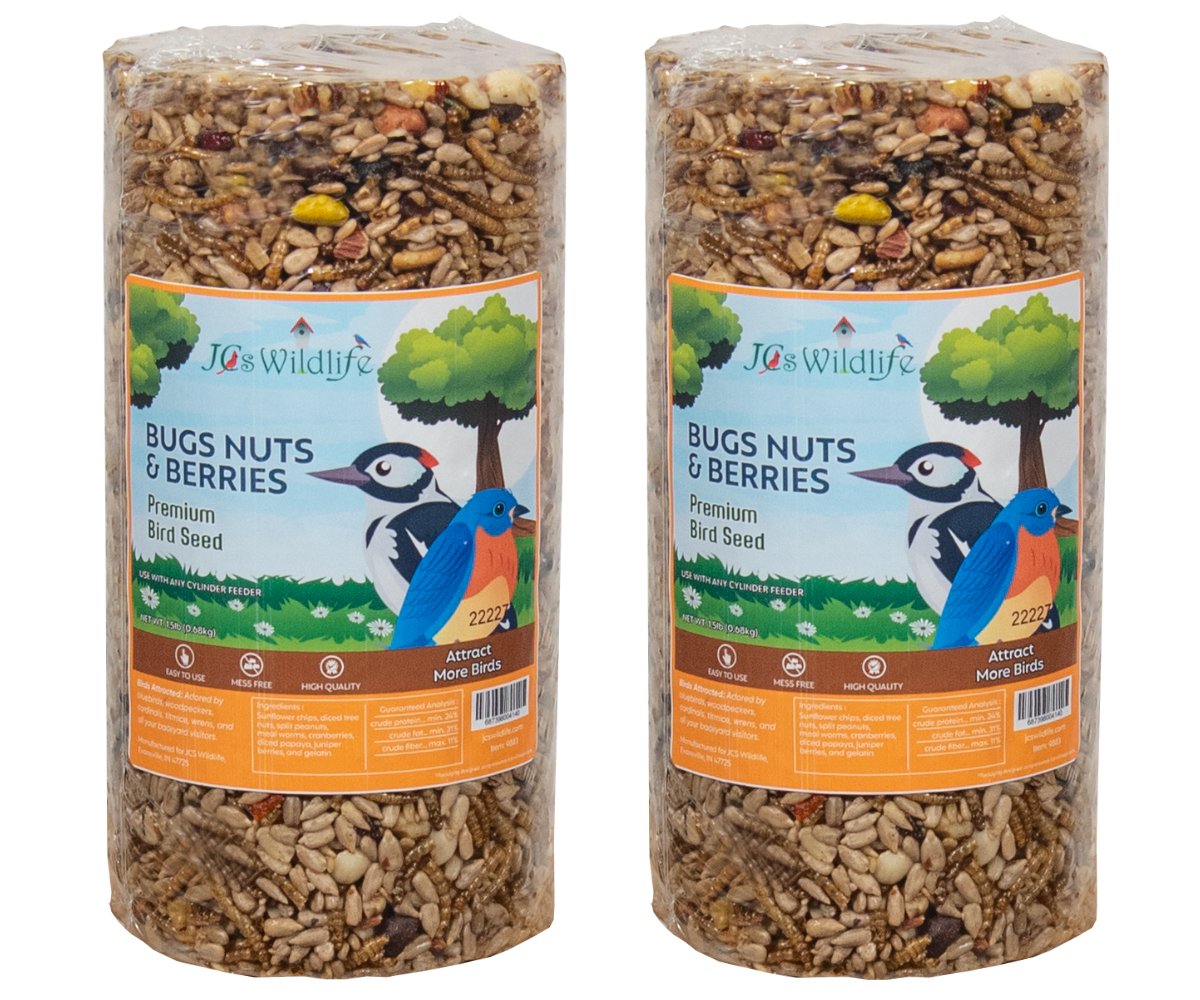 JCS Wildlife Bugs, Nuts and Berries Premium Bird Seed Small Cylinder, 1.5 lb - JCS Wildlife